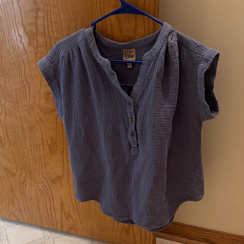 Como Vintage Dusty Blue Women’s Gauze Summer Button Henley Shirt Top Blouse